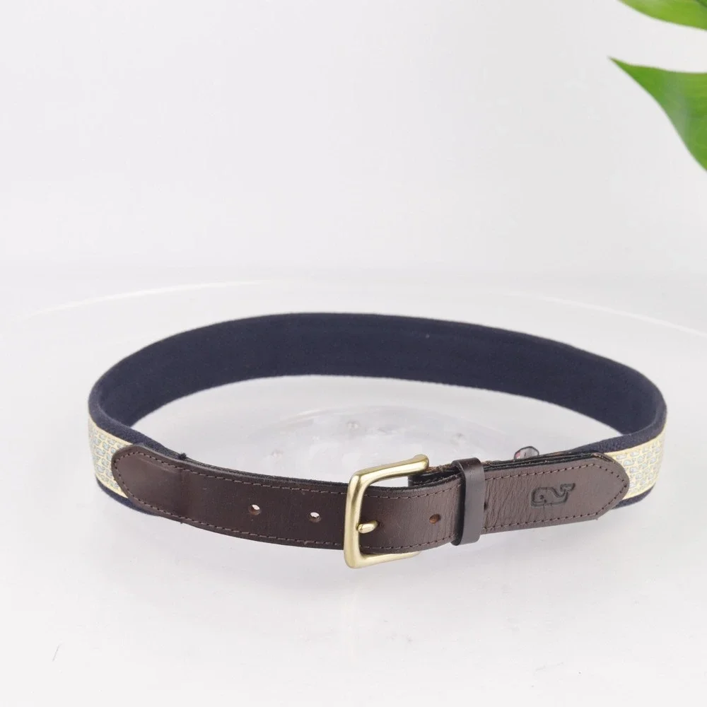Vineyard Vines Mens Belt Size 30 Yellow Navy Blue Whale Print Brown Leather Tip